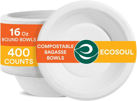 ECO SOUL 100% Compostable 16 Oz Soup Bowls [400-Pack] Disposable dessert bowls I Heavy duty paper bowl I Eco-friendly salad bowl I Biodegradable large Bowls - Pearl White