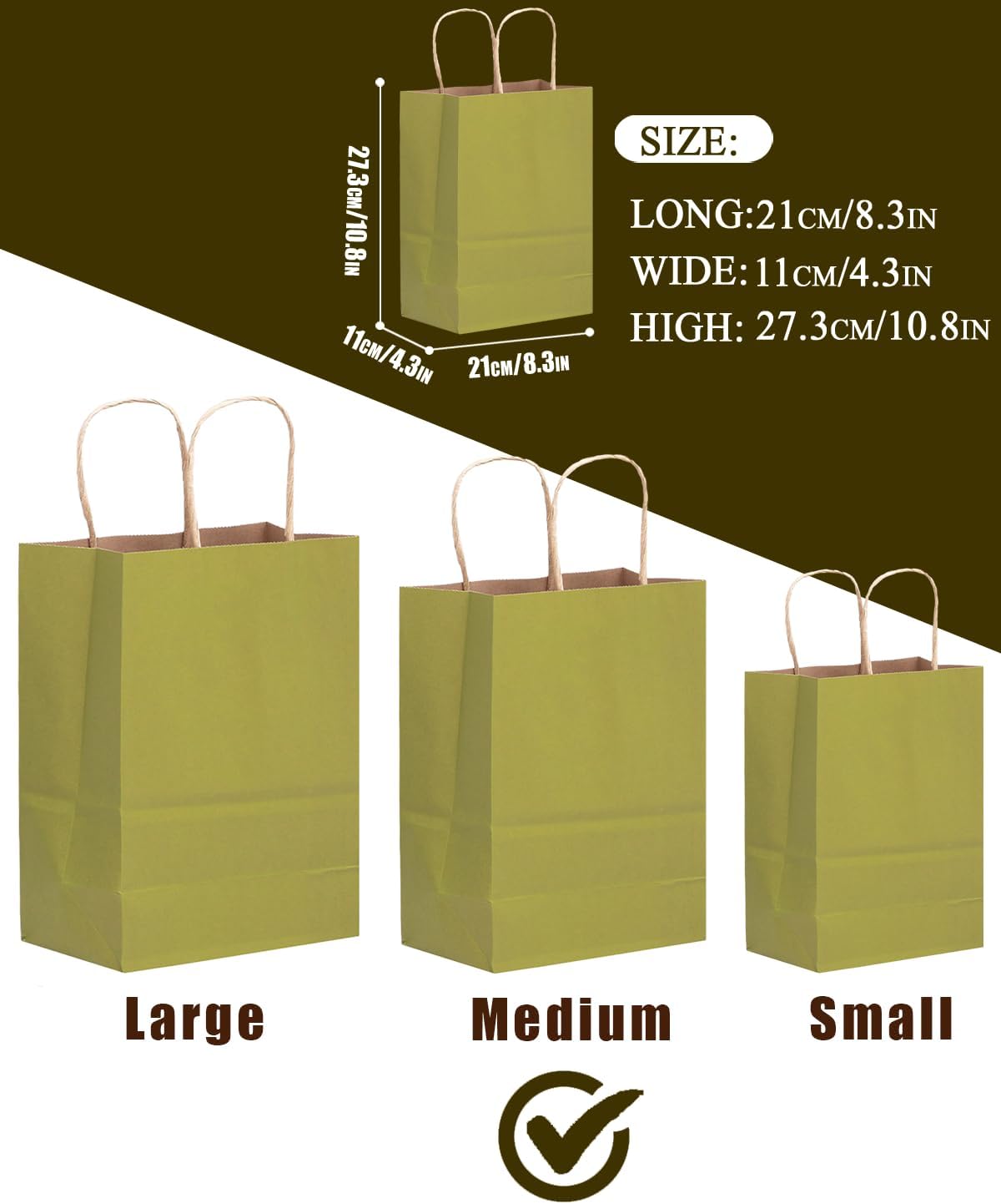 qiqee 100PCS Gift Bag with Handles Bulk Forest Green Paper Bags Multiple Uses (11"x5"x8" Medium Size)