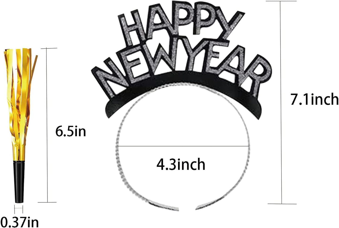 24 Pieces New Years Eve Party Supplies 2026,Happy New Year Headband Tiara,Metallic Fringed Noise Makers Gold Sliver for Kids and Adults