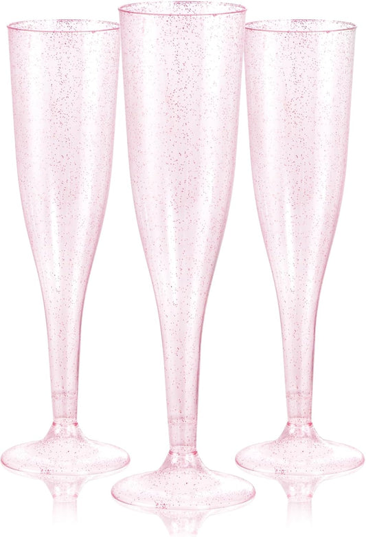 WDF 36 Pack Pink Glitter Plastic Champagne Flutes - 7OZ Disposable Pink Glasses Glitter Champagne Flutes Plastic for Party & Wedding