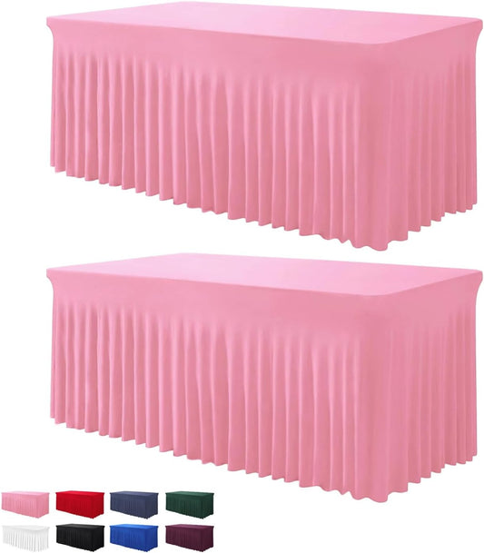 Table Skirt for 4 Foot Tables - 2 Pack One-Piece Pink Tablecloths and Skirt, Wrinkle Resistant Ruffles Elastic Cover for Banquets, Weddings, Events, Parties