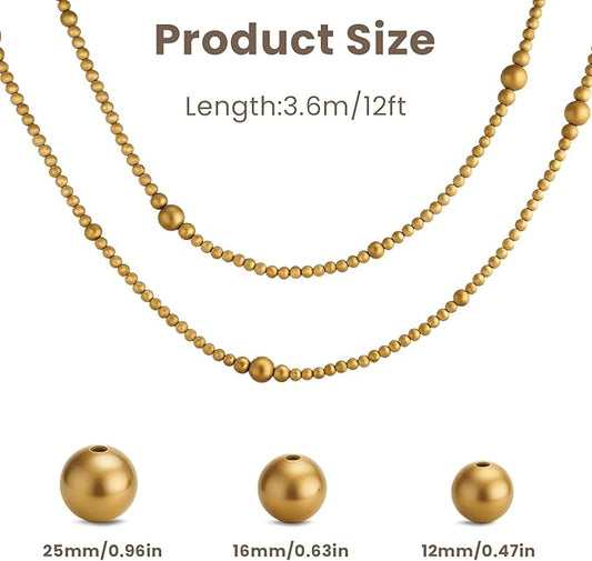 2PCS Christmas Wood Beads Garland 24 Feet Wooden Bead Garland Boho Ornaments for Christmas Tree, Xmas Vintage Rustic Farmhouse Round Craft Bead Hanging Holiday Decorations(Gold)