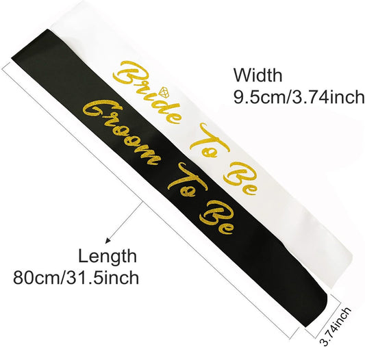 Bride and Groom to Be Sash Set, White and Black Satin Soft Sashes with Gold Glitter Letter for Bridal Shower Engagement Bachelorette Party Decorations Supplies