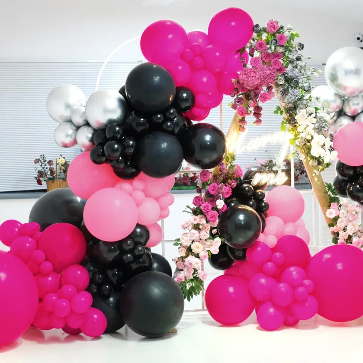 Black Red Pink Silver Balloon Garland Arch Kit, 160Pcs Hot Pink Matte Black Blush Pink Metallic Silver Balloons for Birthday Baby Shower Wedding Bridal Shower Party Decorations