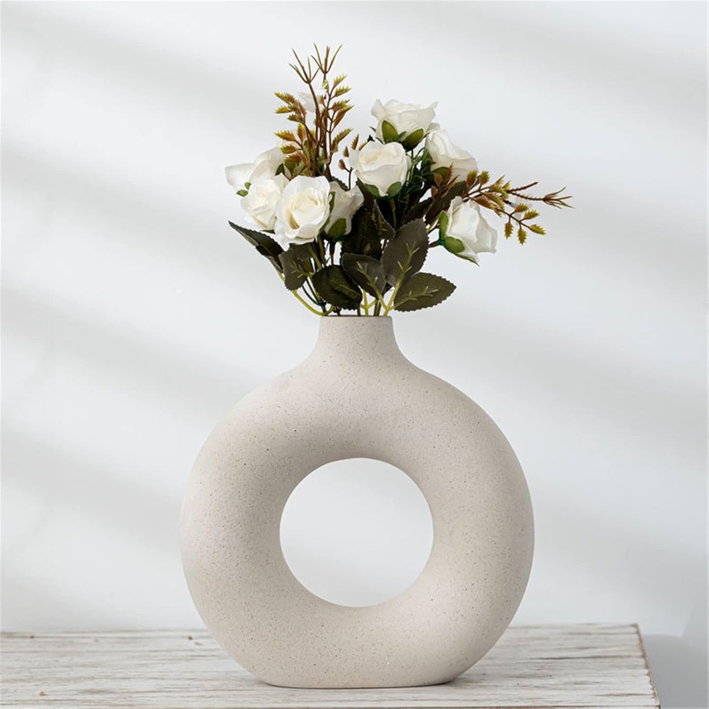 White Circle Ceramic Vase for Decor, Circular Matte Hollow Donut Flower Vases Decorative Minimalist Modern Nordic Boho Style for Home Living Room Office Bedroom Table (H7.5'' × W7.1'')