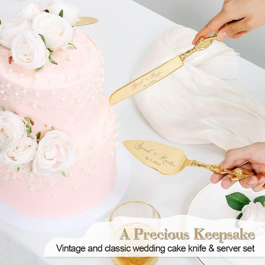 Cake Cutting Set for Wedding, Personalized Gold Cake Knife and Server Set, Custom Cake Serving Set, Engraved Pastry Pie Server Cake Pizza Cutter, Birthday Bridal Gift (CUS-Rose)