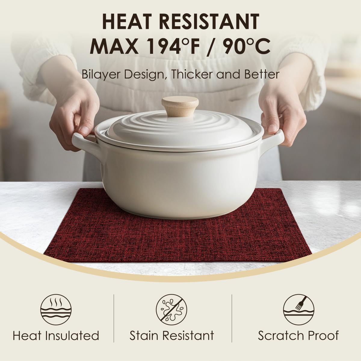 Christmas Placemats Set of 8, Bilayer Thickened Linen Place Mats Heat Resistant Machine Washable Wrinkle Free Carefully Selected Polyester Mats for Kitchen/Dining/Coffee Table (Deep Red)