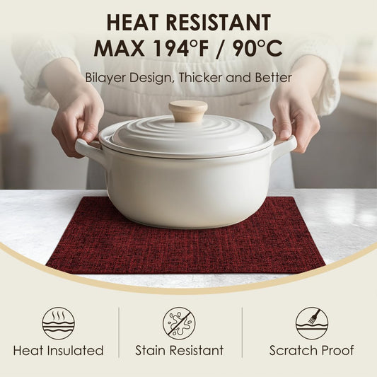 Christmas Placemats Set of 8, Bilayer Thickened Linen Place Mats Heat Resistant Machine Washable Wrinkle Free Carefully Selected Polyester Mats for Kitchen/Dining/Coffee Table (Deep Red)