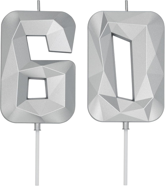 DERVENTA Birthday Candle Big Number 3D Silver 3.7 inch Party Celebration Anniversary Decoration Cake Topper 1 Piece (Number 60 Silver)