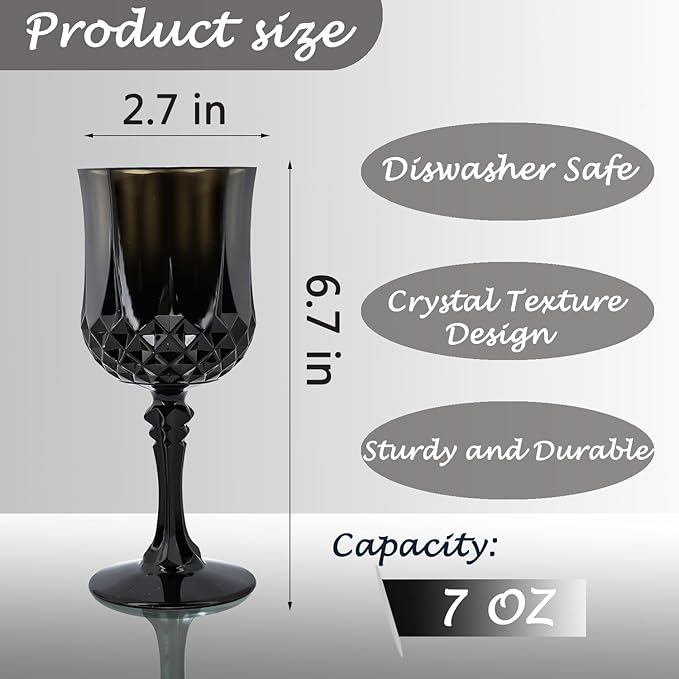 Plastic Wine Glasses, Plastic Goblets Vintage Style Cordial Unbreakable Drinking Glasses, Reusable Drinkware for Wedding Reception, Grand Event Party Supplies, Easter (24, Black)