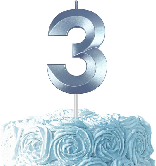 Blue Number 3 Candles, 3D Diamond 2.76 Inch Cake Topper Birthday Candles for Wedding Anniversary Cake Decorations, Happy Birthday Party Decorations