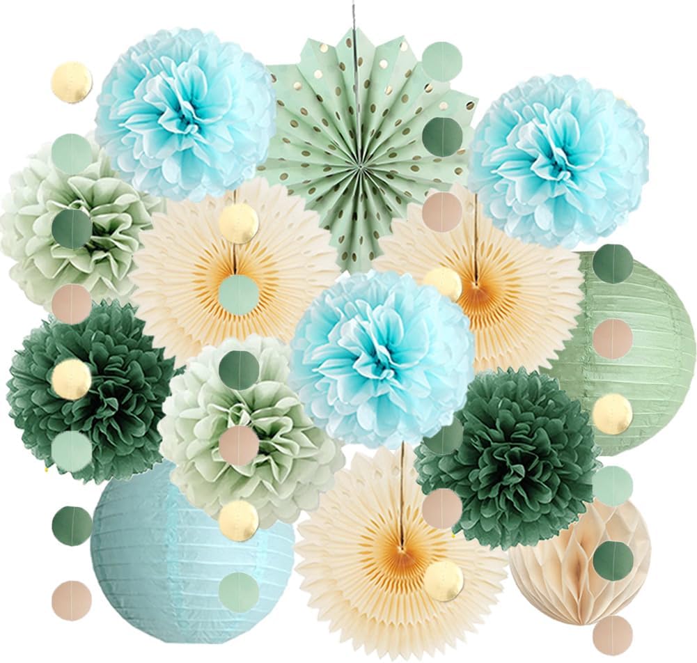 Sage Green and Blue Party Decorations Paper Lanterns Light Blue and Sage Green Baby Shower Decorations Beige Paper Fans Olive Pom Poms for Bridal Shower Wedding Engagement Birthday Bachelorette Party