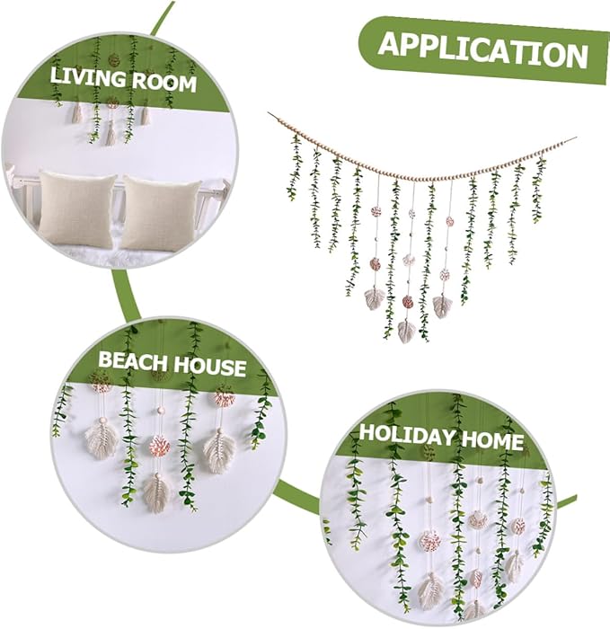 Generic Artificial Eucalyptus Wooden Bead Garland Hanging Vine Wall Decor with Pastoral Style Leaves and Sturdy Beads for Wedding Bedroom Home Decoration