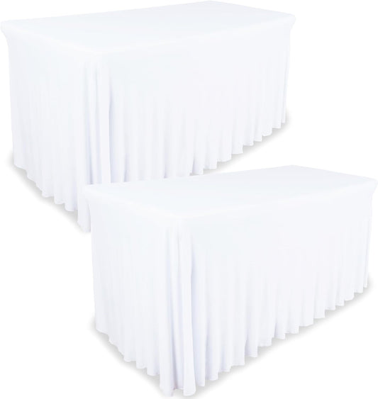 2 Pack Table Skirt for Rectangular Tables 6ft - Wedding Spandex Table Covers for Standard 6 Foot Table - One Piece Fitted Elastic Tablecloth - Great for Party, Event, Trade Show (Pack of 2, White 6ft)