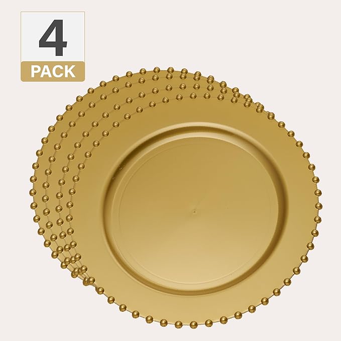 PLASTICPRO Gold Plastic Charger Plates with Beaded Edge – Pack of 4 – 13" Elegant Round Disposable Chargers for Weddings, Events, Parties, and Dinners