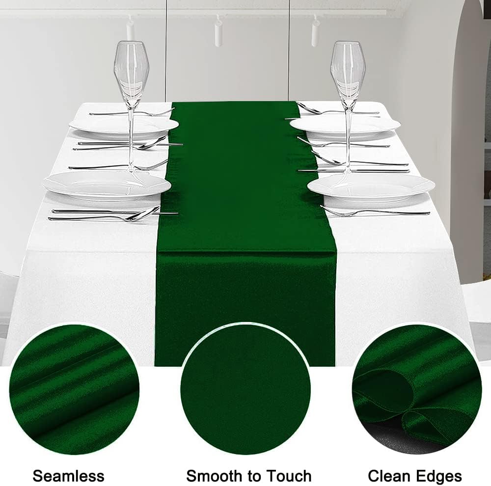 12 Pack Satin Table Runner 12 x 108 Inch Long Satin Table Runners for Wedding Banquet Graduations Birthday Party Decoration (Forest Green)