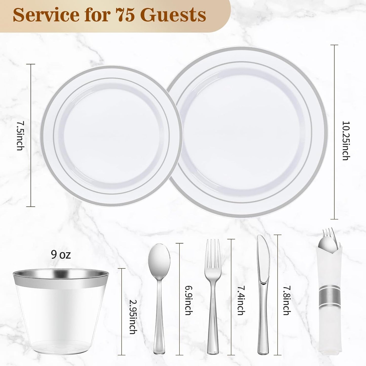 BESTVIP 450PCS Plastic Dinnerware Set (75 Guests), Silver Disposable Plates for Party, Wedding, Christmas, Anniversary, Includes: Dinner Plates, Dessert Plates, Cups, Spoons, Forks and Knives