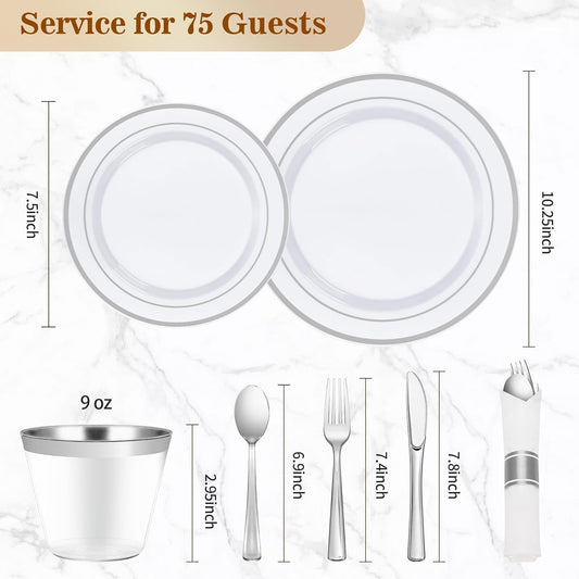 BESTVIP 450PCS Plastic Dinnerware Set (75 Guests), Silver Disposable Plates for Party, Wedding, Christmas, Anniversary, Includes: Dinner Plates, Dessert Plates, Cups, Spoons, Forks and Knives