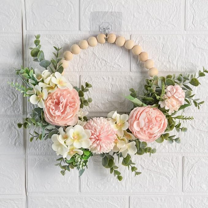 Spring Decorative Multipurpose Garland, Wood Bead Floral Wreath Artificial Flower with Eucalyptus Leaves Hanging Hoop for Wedding