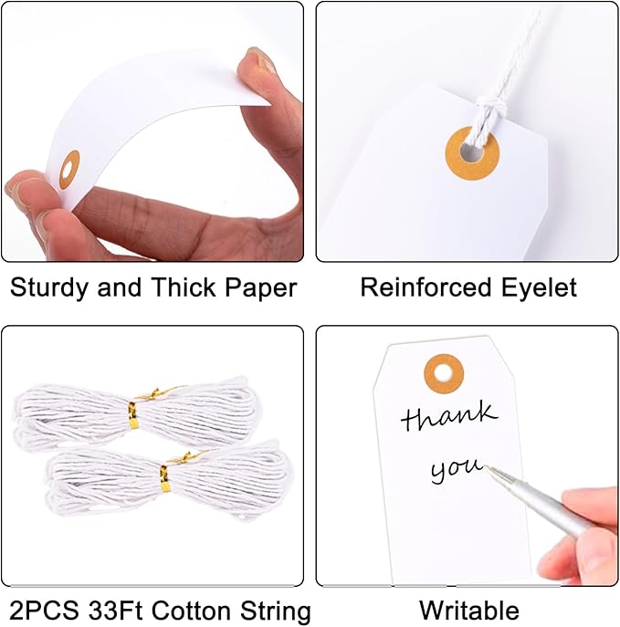 G2PLUS Price Tags with String, 1.6x2.8 in Blank Labeling Tags, White Paper Hang Tag with Reinforced Hole for Shipping, Clothing, Pricing, Marking, Gift Wrapping