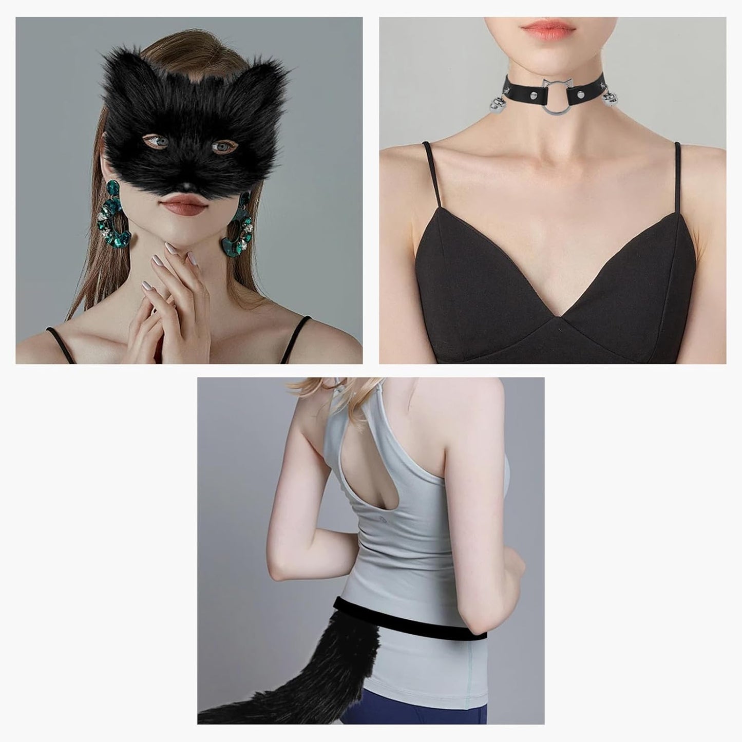 3 Pcs Furry Cat Mask Set, Faux Fur Fox Mask and Tail Set, Halloween Party Cosplay Costume Accessory,Wolf Masks and Leather Necklace for Halloween Parties, Themed Role-playing Parties (black)