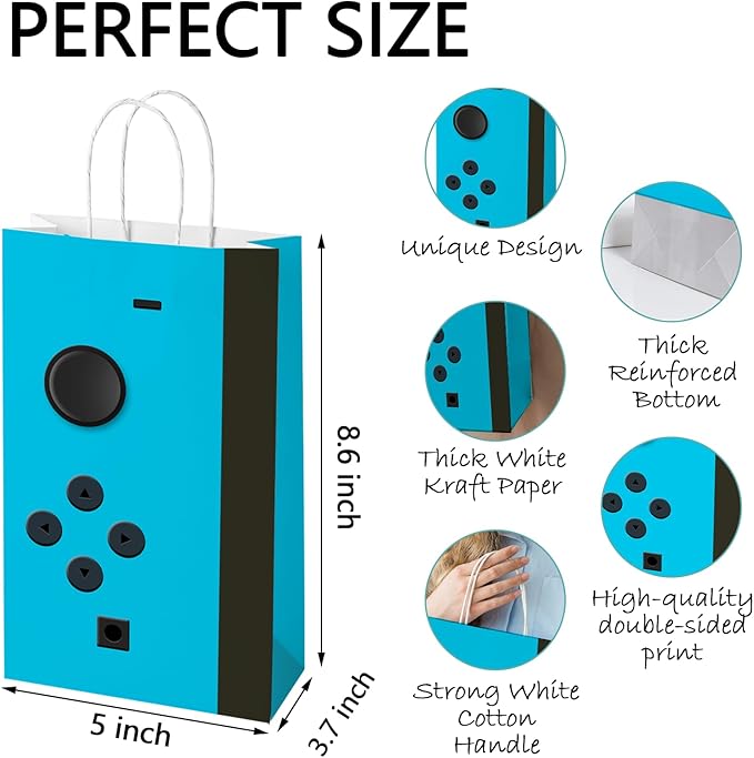 wjrsxilt 16 Pcs Gamer Party Favors Bags with Handles, Game Controller Gift Bags Video Game Goodie Bag,with 2 Different Types, Gaming Kraft Paper Bag for Birthday Party Supplies Decorations
