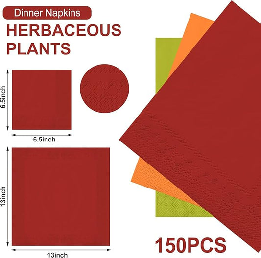 Whaline Fall Thanksgiving Paper Napkin Orange Red Green Dinner Napkin 3 Colors Disposable Luncheon Napkin for Party Supplies Table Decorations, 150 Pcs