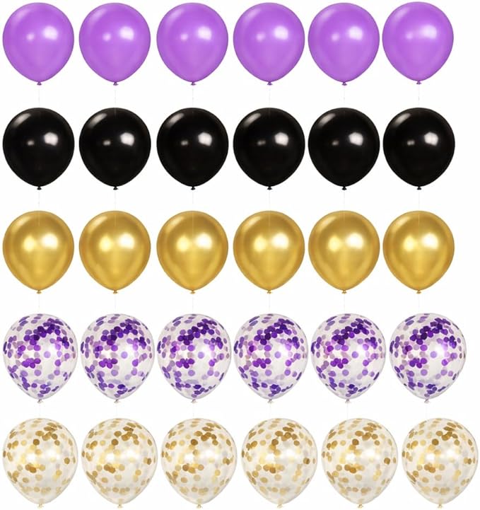 Purple and Gold Balloons, 12 Inch Black Purple and Gold Confetti Balloons for Graduation Prom Halloween Baby Shower Wednesday Retirement Birthday Party Decorations