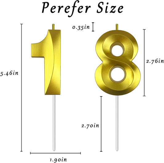 Gold Number 18 Candles, 3D Diamond 2.76 Inch Cake Topper Birthday Candles for Wedding Anniversary Cake Decorations, Happy Birthday Party Decorations