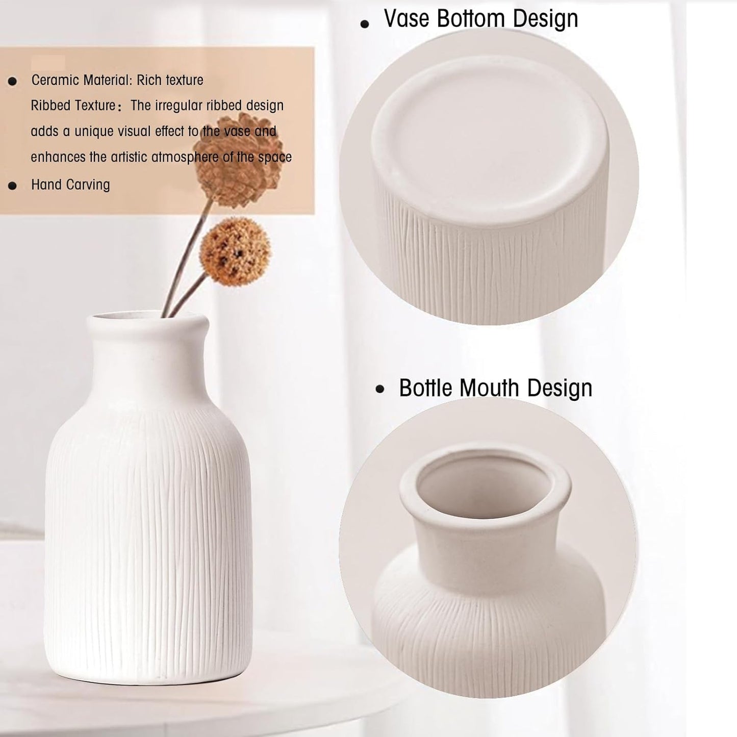White Ceramic Vase Set of 3, Modern Ribbed Design, Pampas Vases, Table Decorations