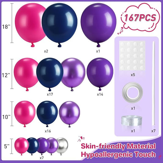 Purple Blue Red Balloon Garland Arch Kit, 167Pcs Hot Pink Midnight Blue Metallic Purple Silver and Star Foil Balloons for Princess Girl Women Birthday Bridal Baby Shower Party Decoration