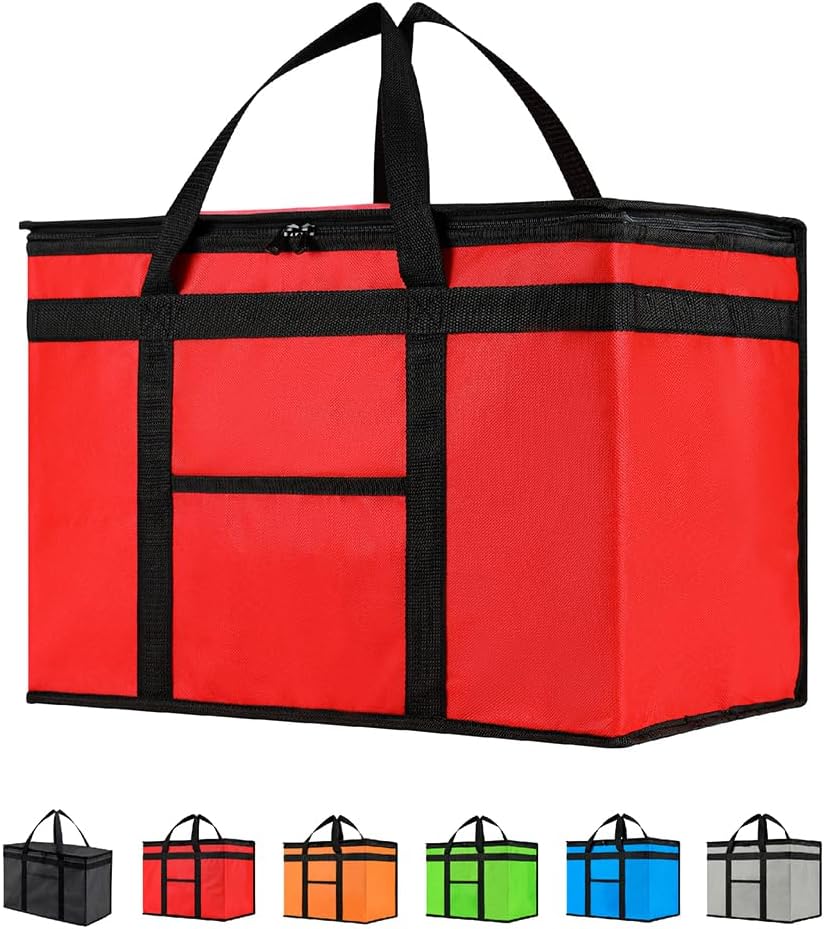 XXL Insulated Cooler Bag and Food Warmer for Delivery & Grocery Shopping with Zippered Top, Red (1 Pack)
