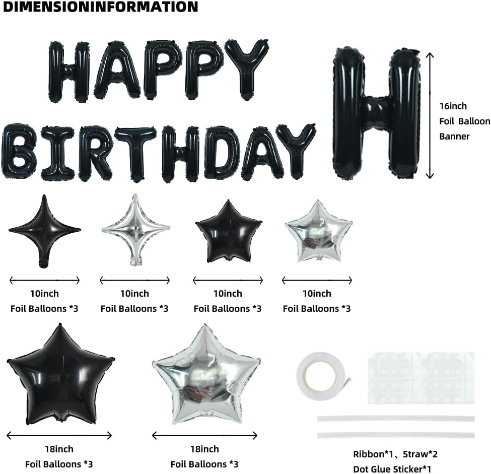 TONIFUL 35PCS Black Happy Birthday Decorations Kit 16 Inch Happy Birthday Balloon Banner with Star Balloons Mylar Foil Birthday Party Decorations Supplies for Men Women Adults Girls Boys Kids