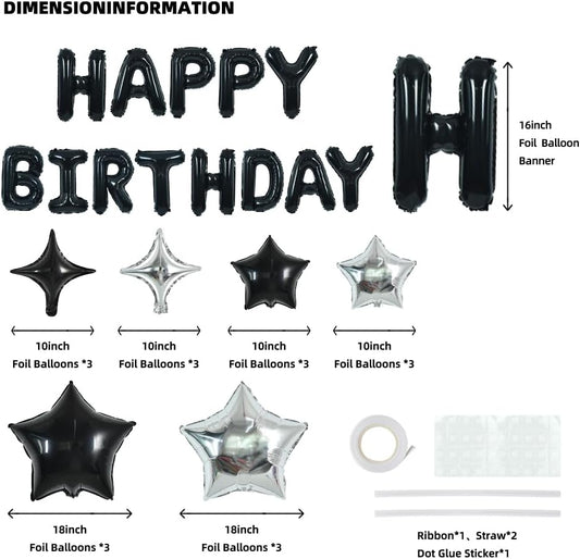TONIFUL 35PCS Black Happy Birthday Decorations Kit 16 Inch Happy Birthday Balloon Banner with Star Balloons Mylar Foil Birthday Party Decorations Supplies for Men Women Adults Girls Boys Kids