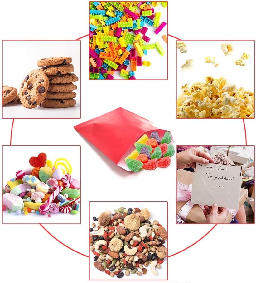 AZOWA Red Paper Treat Bags 6 x 3 Red Paper Candy Bags for Candy Buffet (100 CT, 6 x 3 IN)