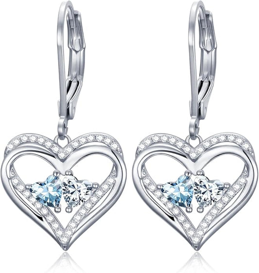 Valentines Day Gifts for Women, Heart Leverback Earrings Double Birthstone Dangle Earrings for Women, Love Jewelry for Her, Anniversary Birthday Gift for Mom Wife Girlfriend