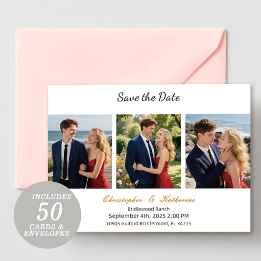 Personalized Save the Date Wedding Invitation Card with Photo 4x6inch 350GSM Papers and Envelopes, Custom Thank You card for Weddings, Birthdays and Parties, 50pcs or more (Horizontal with 3 Photos)