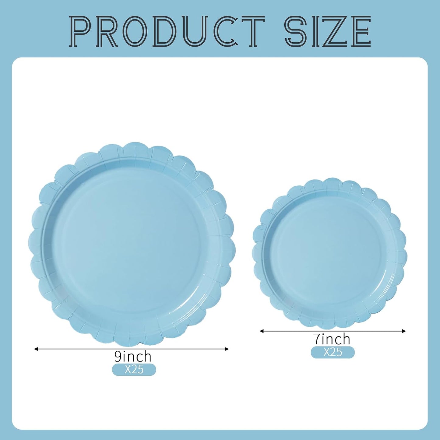 BEFORYOU 50PCS Scalloped Disposable Paper Plates Dessert Cake Party Plates for Baby Shower, Wedding,Bridal Shower Birthday Party Supplies (Blue, 7IN and 9IN)