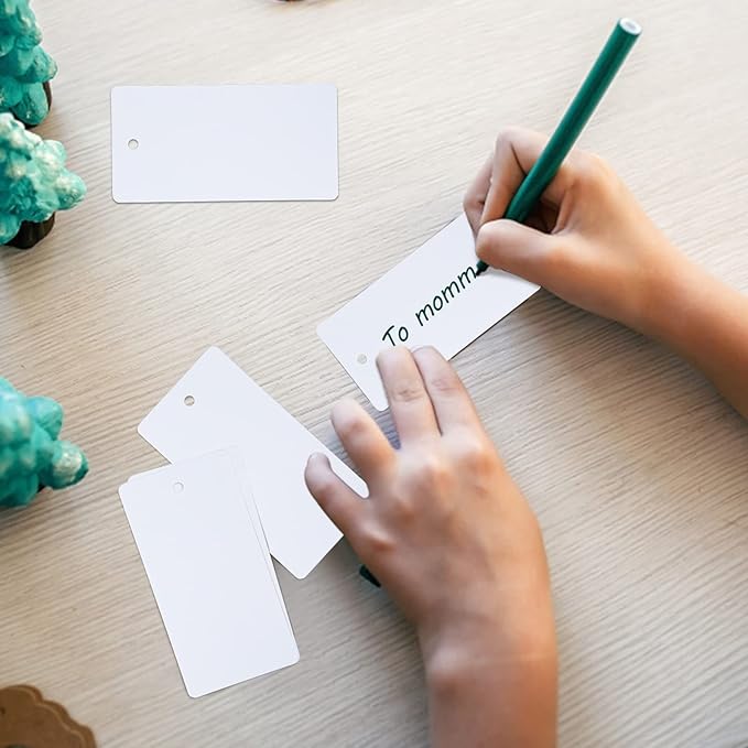 G2PLUS 100PCS Blank Gift Tags,3.5” x 1.7” White Kraft Paper Gift Tag with String, Rectangle Hanging Tags for Arts and Crafts Wedding Holiday, Teachers Day,Christmas,Thanksgiving,Party Favors