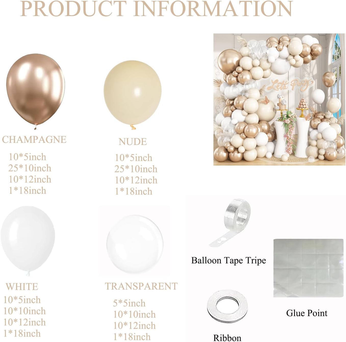 White Sand Champagne Gold Balloon Garland Arch Kit, 148Pcs Neutral Clear Balloons for Baby Shower Wedding Bridal Shower Anniversary Engagement Birthday Party Decorations