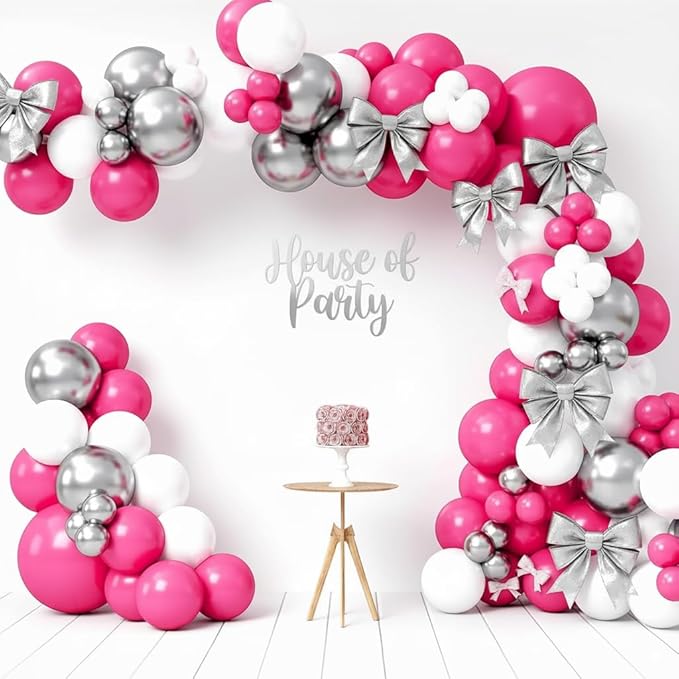 HOUSE OF PARTY Pink Party Decorations - Pink White Silver Balloon Arch Kit 18/12/10/5 Inch | Backdrop for Valentines, Bachelorette, Gilrs, Women Birthday Party Decorations