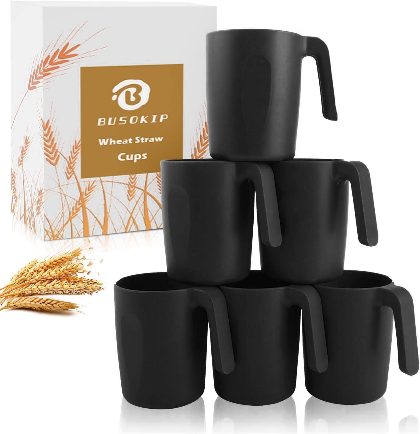 Wheat Straw Coffee Cups 16 OZ, Plastic Coffee Mugs with Handles, Lightweigt &Unbreakable Coffee Mugs Set of 6, Microwave & Dishwasher Safe Drinking Cups for Tea, Camping, Kitchen - Black