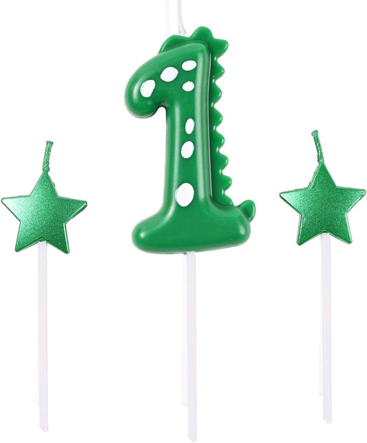 2.75 Inch Green Dinosaur Shaped 1 Number Birthday Candles and Star Birthday Candles,Suitable for Dinosaur Birthday Decorations & Themed Parties Celebration