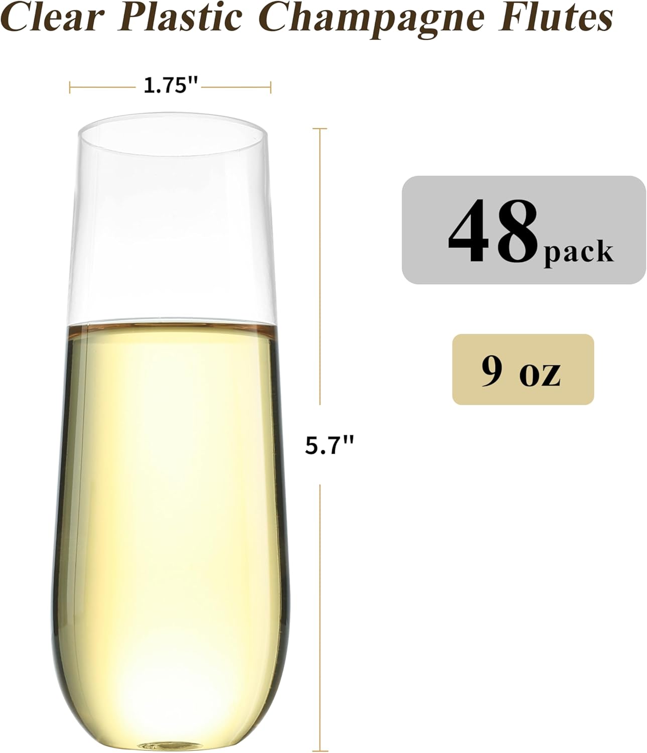 48 Pack 9 oz Stemless Plastic Champagne Flutes, Clear Disposable Champagne Toasting Glasses, Shatterproof and BPA-Free Drinkware for Party & Graduation & Wedding