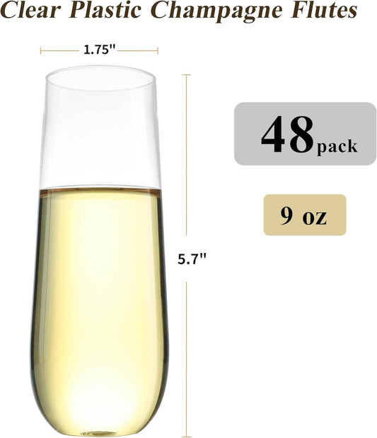 48 Pack 9 oz Stemless Plastic Champagne Flutes, Clear Disposable Champagne Toasting Glasses, Shatterproof and BPA-Free Drinkware for Party & Graduation & Wedding