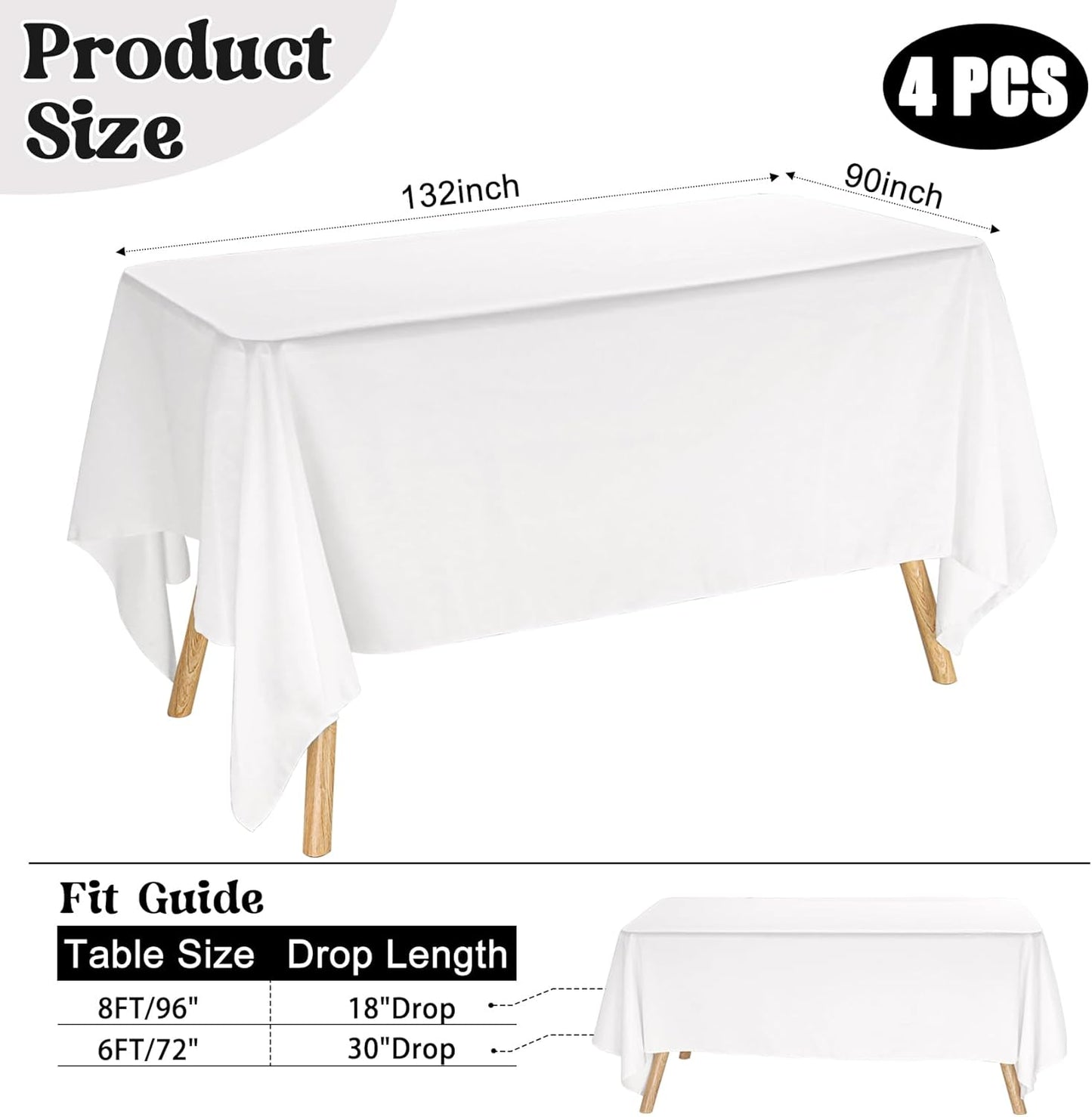 4 Pack Rectangle Tablecloth 90x132Inch White Washable Polyester Table Cover for Wedding Dining Table Buffet Parties Banquet Decoration（White）