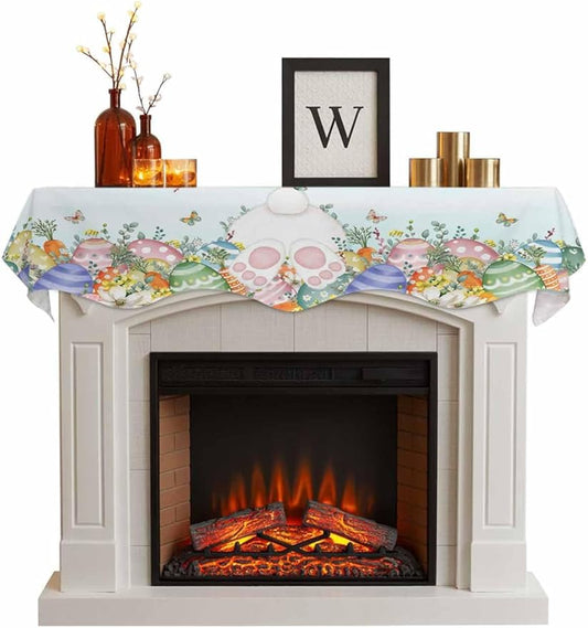 Cute Easter Bunny Fireplace Mantel Scarf Table Runner, Eucalyptus Leaves Colorful Eggs Teal Winter Garland Mantel Top Tablerunners Dresser Scarves Cover for Windows Party Living Room 70''x17''