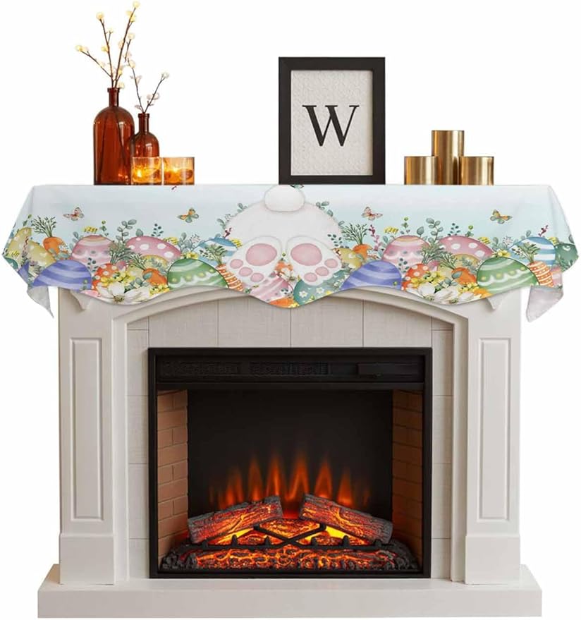 Cute Easter Bunny Fireplace Mantel Scarf Table Runner, Eucalyptus Leaves Colorful Eggs Teal Winter Garland Mantel Top Tablerunners Dresser Scarves Cover for Windows Party Living Room 60''x17''