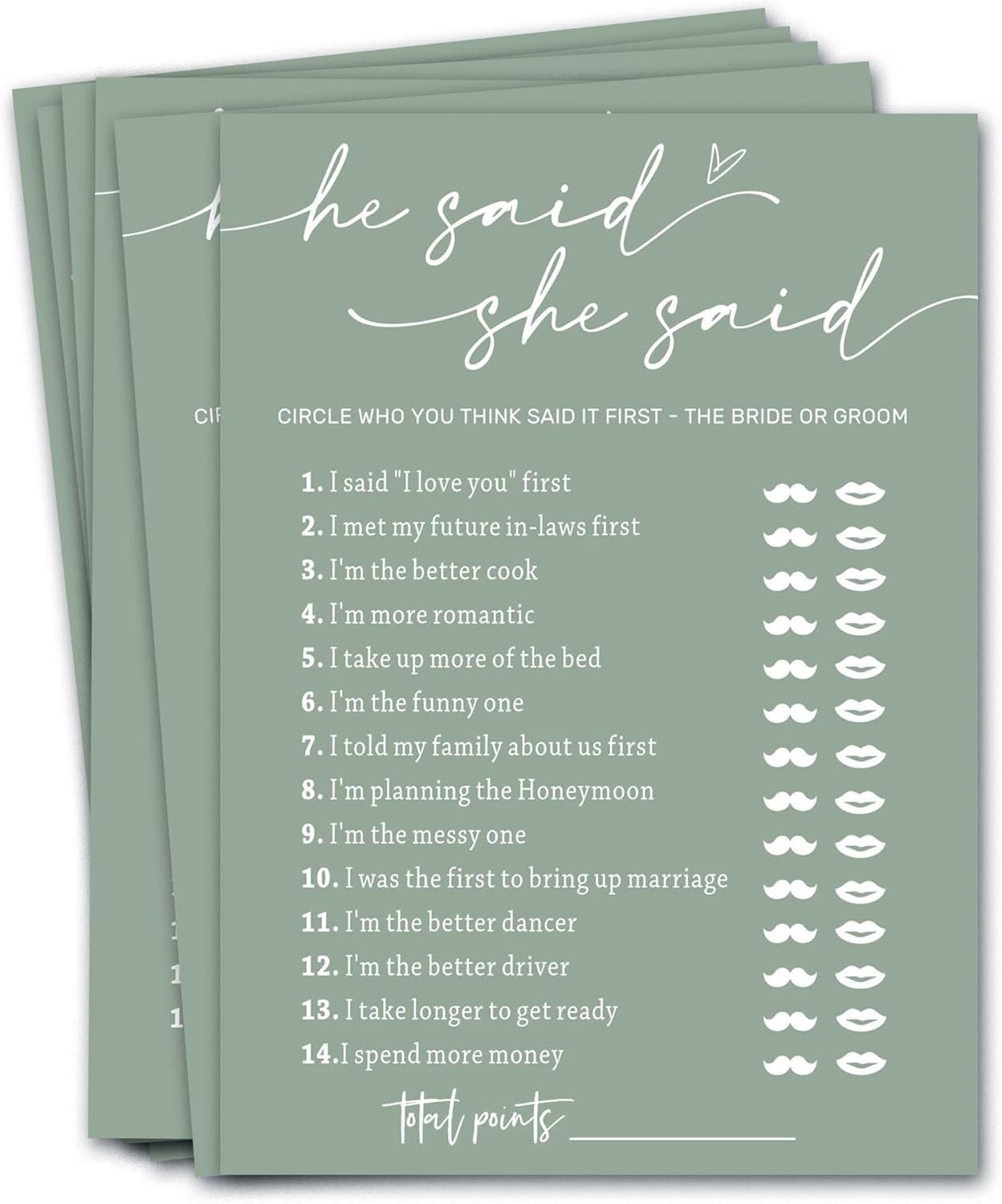 Bridal Shower Games Cards, He Said She Said Game Cards, Bridal Shower Game 25 Guests, Engagement Party Wedding Games for Guests, Minimalist Green Wedding Party Supplies - C07