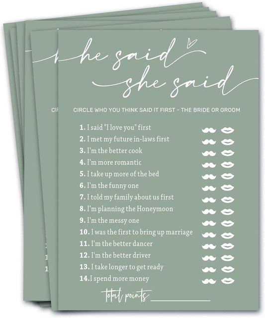 Bridal Shower Games Cards, He Said She Said Game Cards, Bridal Shower Game 25 Guests, Engagement Party Wedding Games for Guests, Minimalist Green Wedding Party Supplies - C07